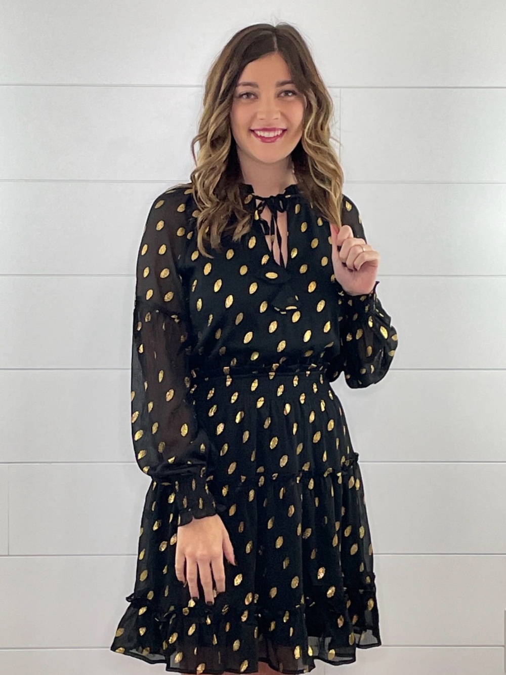 Blu Pepper Black Dress with Gold Metallic Dot Tie-Neck